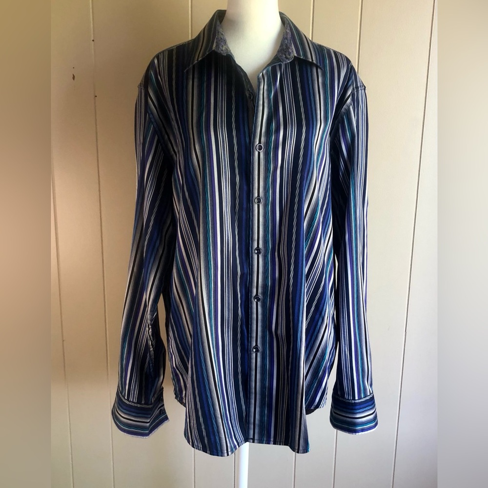 ROBERT GRAHAM Button Down Dress Shirt Blue/Black/White Stripe Size Large